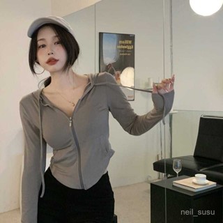 【限時特賣】 長袖上衣 長袖T恤 辣妹上衣 女生上衣 春秋季薄款運動連帽外套女緊身拉鏈開衫長袖T恤修身露腰短款上衣