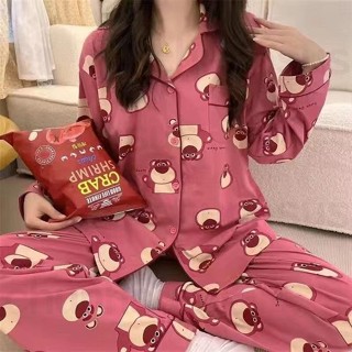 【桃園出貨】寬鬆保暖💖冬夏熱賣【草莓熊套裝】可愛草莓熊睡衣女夏天ins風韓版卡通寬松短袖夏季外穿居家服套裝💖