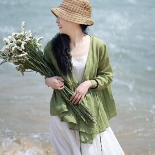 文藝棉麻防曬開衫長袖v領改良中式復古短款民族風上衣女外套夏季 棉麻外套女 大尺碼外套 民族風外套 中國風上衣 薄款外套