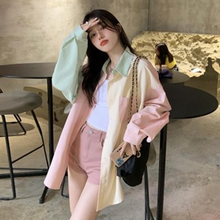 9號倉庫 長袖襯衫外套 大尺碼薄外套女 襯衫女 拼色秋裝 2024新款小清新寬松 中長款 長袖防曬開衫 防曬外套 上衣女
