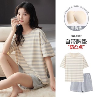 帶胸墊睡衣女夏季可外穿家居服兩件套裝2024新款夏天休閒卡通大碼 夏天大尺碼居家服女 ICI9