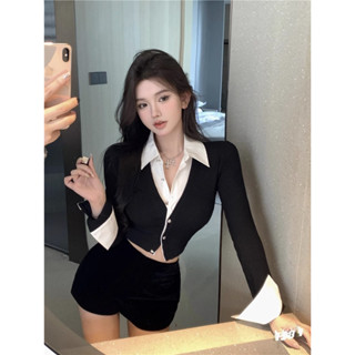 🔥臺灣出貨-免運🔥POLO領假兩件長袖襯衫女春秋新款辣妹設計感小眾修身顯瘦短款上衣星星大賣場