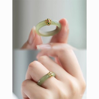時尚配飾🌹優選女士戒指 珍珠戒指指環 鍍銀戒指指環 國風皓石貓眼韓版🌹國風中式花朵綠玉戒指女vintage輕奢