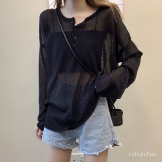 ✨臺灣髮貨✨薄款長袖T恤大碼夏季圓領長袖T恤女冰絲防曬衫新款寬鬆韓版鏤空上衣服ins超白色打底衫 休閒長T 長袖上衣