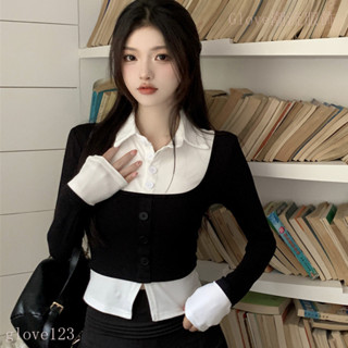 🌷臺灣出貨🌷 秋季新款 學院風 甜辣Polo領 假兩件 上衣女 修身顯瘦 遮肚高檔 長袖T恤女 氣質 高階感小眾款