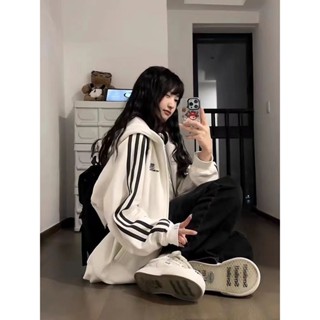 9號倉庫 大尺碼開衫衛衣 純棉衛衣 美式復古條紋衛衣女春秋寬松潮牌慵懶風oversize開衫拉鏈外套 薄外套 大學t