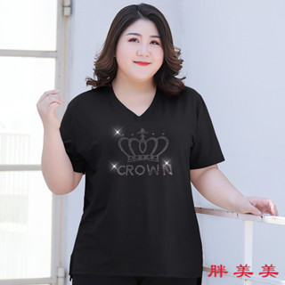 【M-5XL大尺碼】大尺碼上衣 短袖t恤 胖子 寬鬆顯瘦 大碼女裝加肥加大燙鑽V領T恤200斤加肥加大碼女裝寬鬆顯瘦胖m
