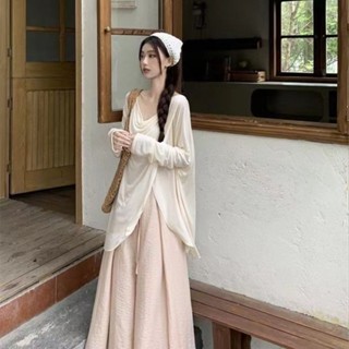 慵懶風套裝女裝夏季氣質鬆弛感不規則防曬罩衫T恤闊腿褲裙兩件套