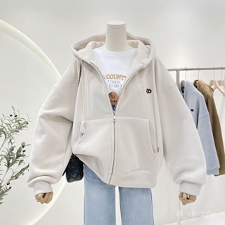 連帽休閒開衫衛衣外套~韓係百搭運動風 新款加絨連帽衛衣女寬鬆設計高級感小眾顯瘦百搭大碼休閒閨蜜裝潮拉鏈開衫外套