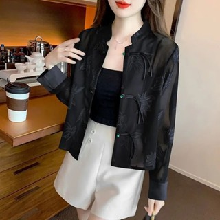 中國風上衣女 新中式國風防曬外套女士長袖薄款夏季2024復古旗袍領襯衫氣質上衣 新中式上衣 長袖襯衫女 大尺碼春秋長袖女