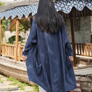中國風上衣女 禪意慵懶風春秋砂洗亞麻長袖外套中長款大碼寬松復古棉麻百搭外衣 民族風上衣 文藝復古大尺碼古著襯衫女