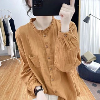 棉麻長袖襯衫女春秋純色復古寬松時尚百搭顯瘦襯衣打底外穿 長袖襯衫 棉麻上衣 長袖上衣 襯衫女 棉麻襯衫 復古上衣 民族風