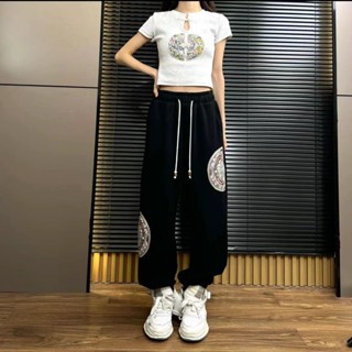夏裝2024新款中國風重工刺繡國風系列時尚百搭束腳休閑衛褲子潮 中國風 復古 文藝 大尺碼長褲 夏季褲子 闊腿褲 束腳褲