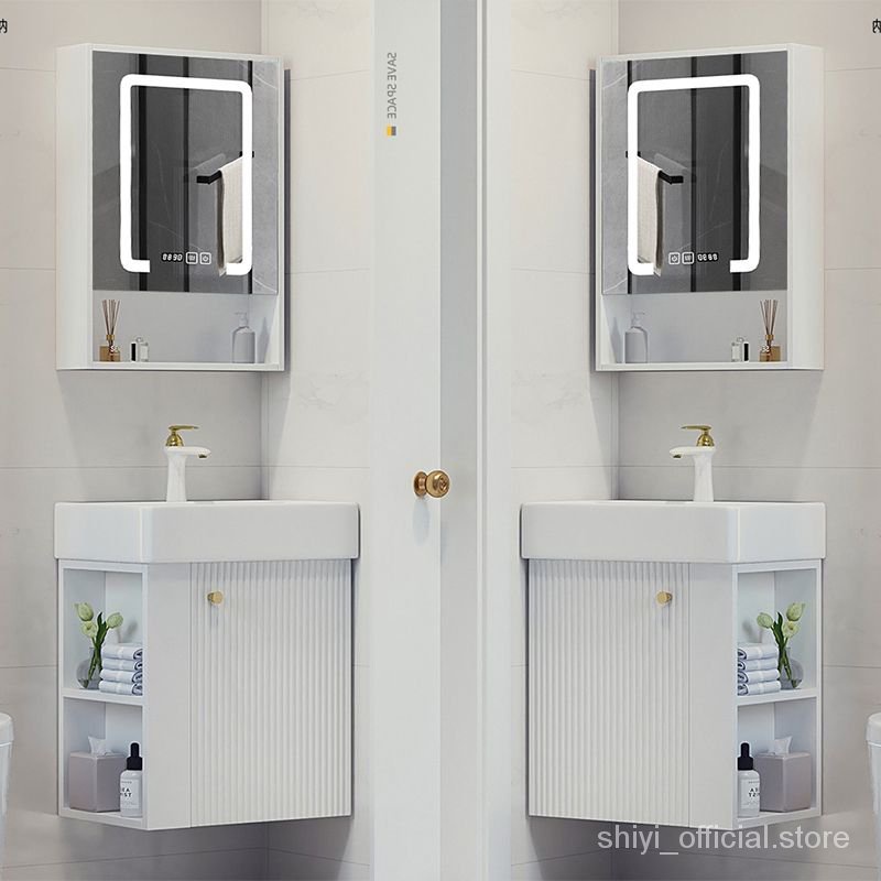 智能鏡小戶型浴室櫃50CM實木現代簡約小號掛墻落地式洗手盆櫃組閤