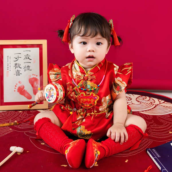 週歲禮服女寶寶一歲冠衣生日女童嬰兒滿月抓周服中國風旗袍唐裝