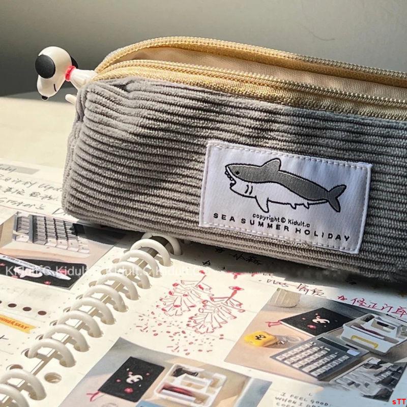 sTT♥新款可愛鯊魚燈芯絨筆袋男女通用韓版耐臟文具盒大容量筆尺收納袋