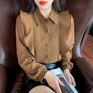 SY泡泡袖雪紡上衣女復古港風荷葉邊拼接翻領簡約素色長袖襯衫女設計感小眾寬鬆別緻甜美溫柔小清新日系穿搭上衣ins潮
