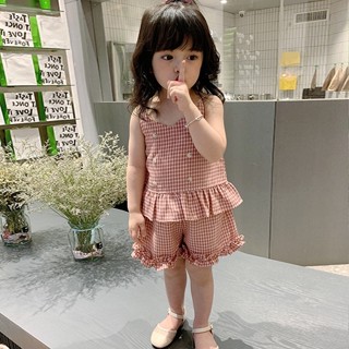 {現貨有電子發票}女童套裝格子吊帶上衣加短褲夏裝新款幼童女童【C485】