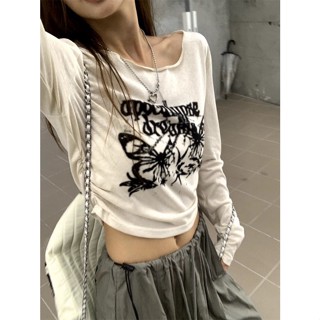 【Sweet Oversize】純棉小眾印花歐美風甜辣長袖T恤女早秋美式複古褶皺百搭上衣潮ins