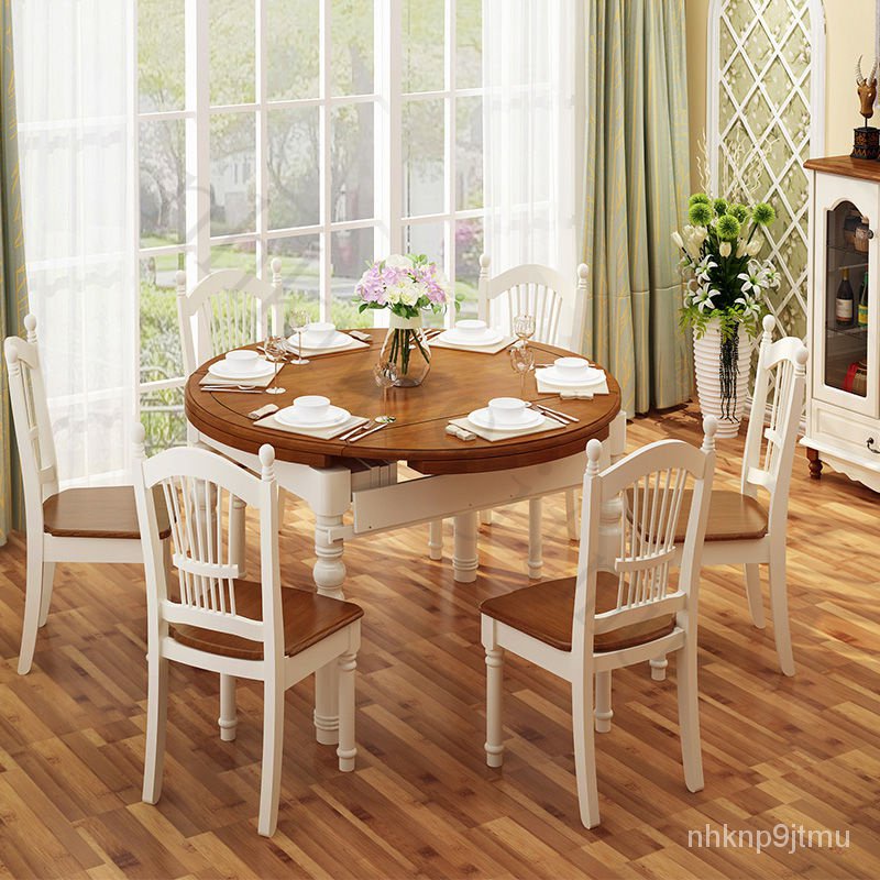 超優惠-可開發票 美式 圓桌 實木 餐桌椅組閤 可折疊 地中海風格6人飯桌餐廳傢具