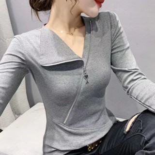 SY修身上衣螺紋不規則長袖T恤女秋季洋氣顯瘦拉鏈上衣修身百搭打底衫女生V領短袖上衣簡約素色t恤上衣