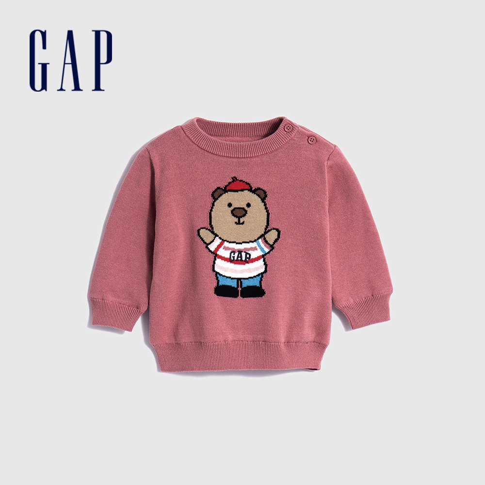 Gap 嬰兒裝 Logo小熊刺繡圓領針織毛衣-深玫紅(719558)