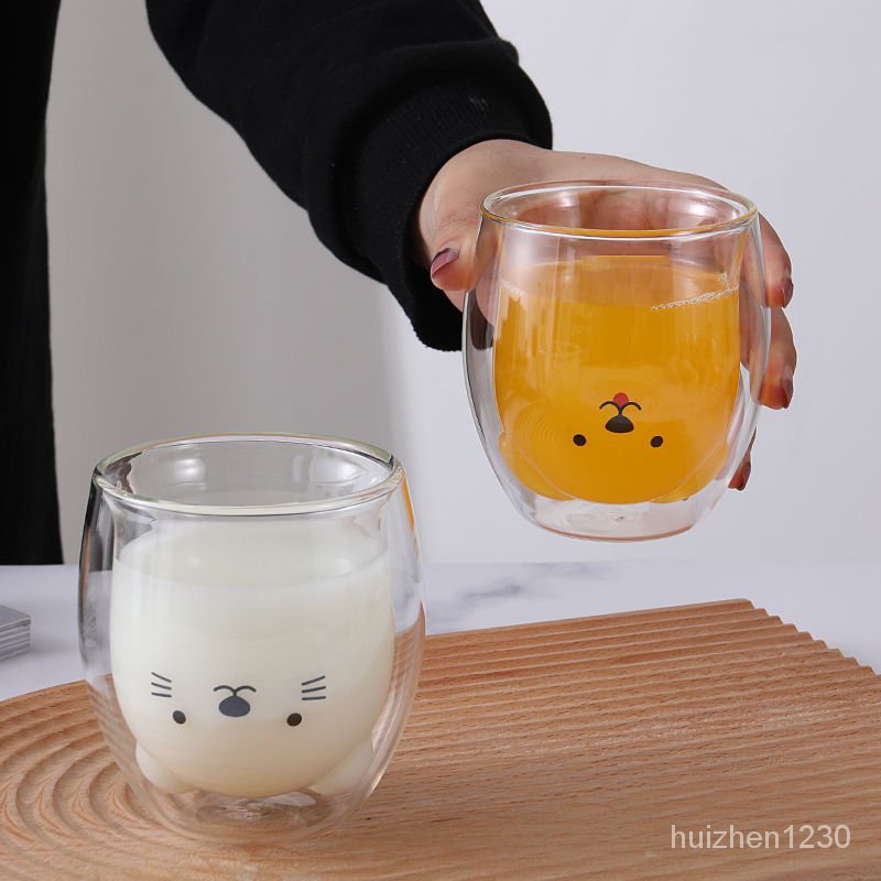網紅雙層透明玻璃杯創意耐熱卡通花茶杯隔熱水杯牛奶果汁咖啡杯子 UFAO