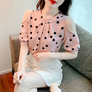SY雪紡上衣波點襯衫露肩短袖襯衫女立領設計感小眾新款時尚百搭減齡洋氣甜辣風日系穿搭上衣ins潮
