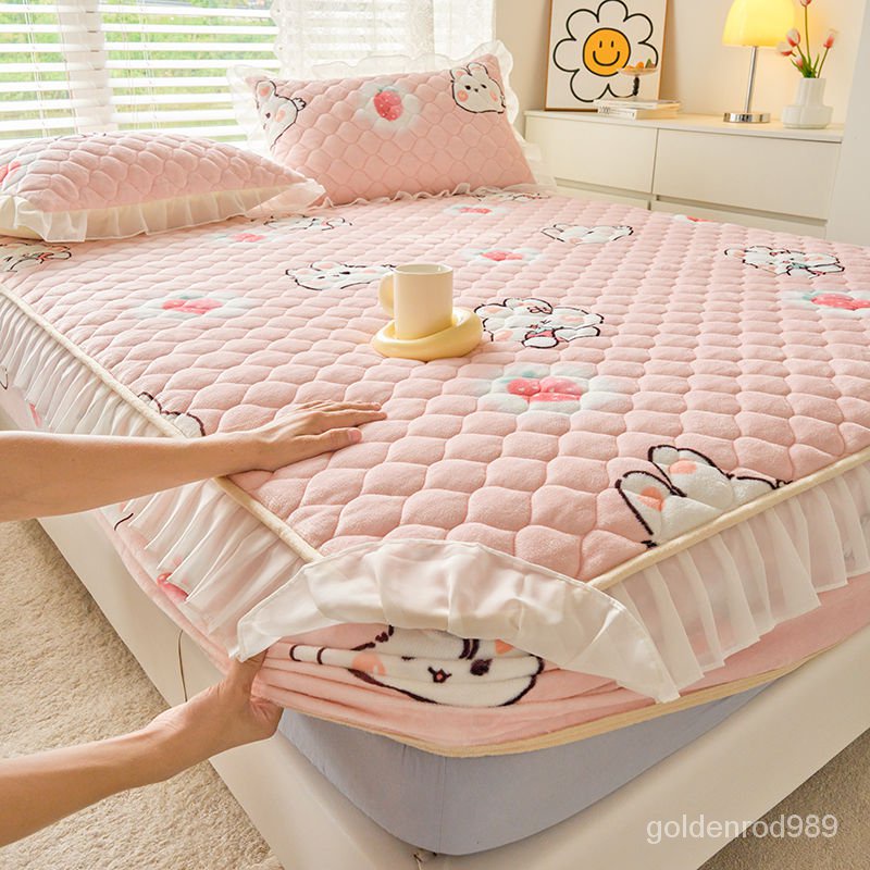 A類抗菌牛奶絨花邊床包 3尺單人床包 加絨加厚秋冬床包 枕套 360°全包床包 帶花邊 單人床床包
