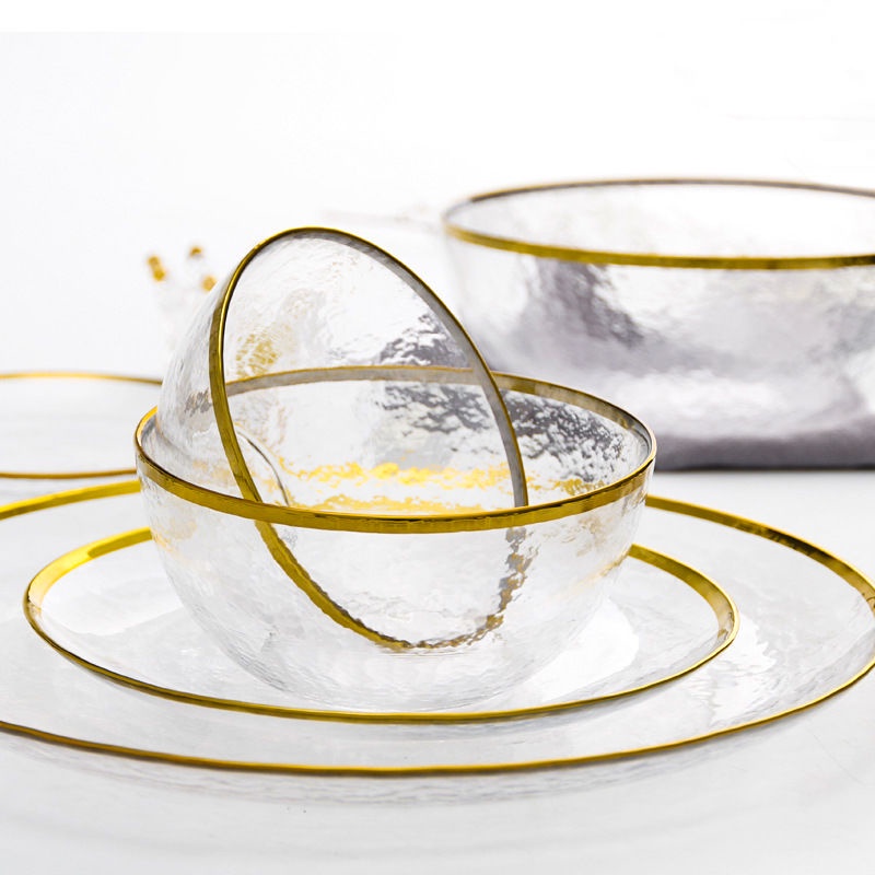 ｛高級感茶具精選｝創意手工金邊玻璃餐具透明玻璃餐盤家用碗盤碟13 cm 32cm