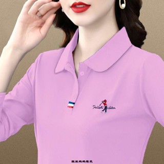 靚麗媽媽服裝F %品質女士長袖t恤女寬松翻領上衣 媽媽裝春秋季刺繡運動polo衫
