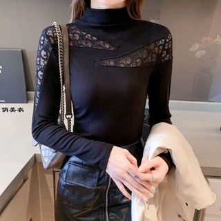 女裝 長袖上衣 打底衫 春秋新款洋氣設計感針織打底衫 女長袖半高領內搭拼接蕾絲上衣 內搭