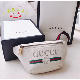 二手正品GUCCI Printleather 黑白色 綠紅綠 牛皮 MINI 腰包 527792