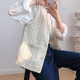SY法式名媛小香風馬甲背心上衣女開衫外套韓版撞色粗花呢編織V領上衣無袖格紋背心馬甲