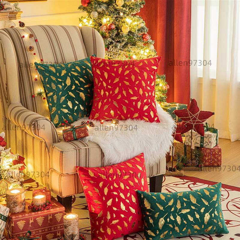 【熱賣】聖誕抱枕絲絨枕套客廳沙發抱枕聖誕裝飾燙金羽毛靠墊套30*50cm/45*45cm耶誕聖誕裝飾交換禮