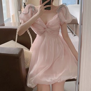 ❤️️現貨在臺❤️粉.白XL 中大尺碼 大碼 伴娘 泡泡袖 歐根紗 連衣裙 法式 V領 仙女 公主 洋裝 禮服 人魚姬