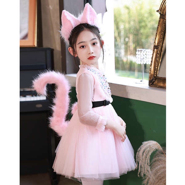 萬聖節兒童cosplay粉色貓咪狐狸表演服裝女童生日派對裝扮公主裙