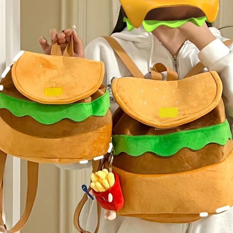 漢堡雙肩包 單肩包 休閒書包 帆布包 漢堡包 創意背包 女生包包 精品 厚磅帆布包 大容量 旅行包 雙肩後背包