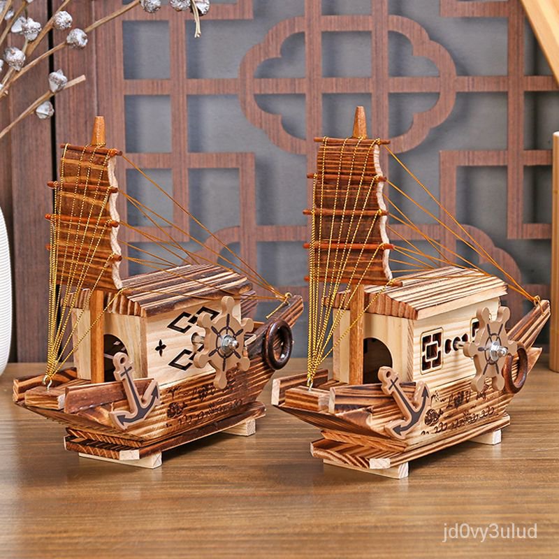 【熱銷】中國風複古木質小船音樂盒八音盒創意實木船塢帆船一帆順風裝飾品 擺飾 模型 禮物 生日禮物男 海盜船