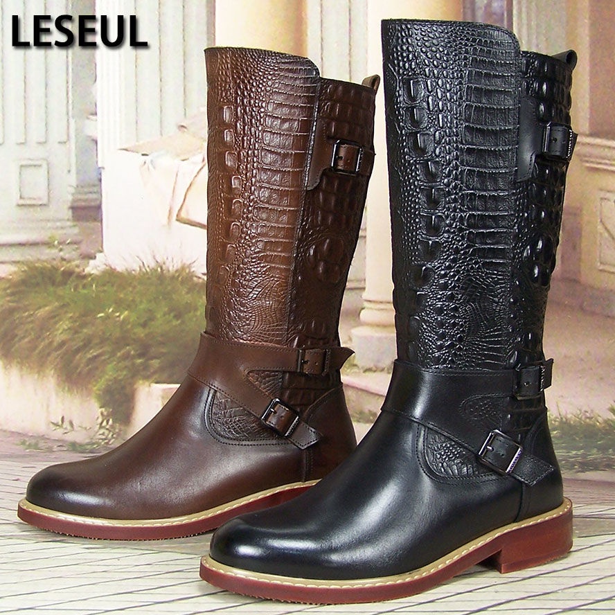 新品Leseul馬靴深棕色潮流閱兵儀仗隊男長馬術西部騎士騎真牛皮靴冬季特價