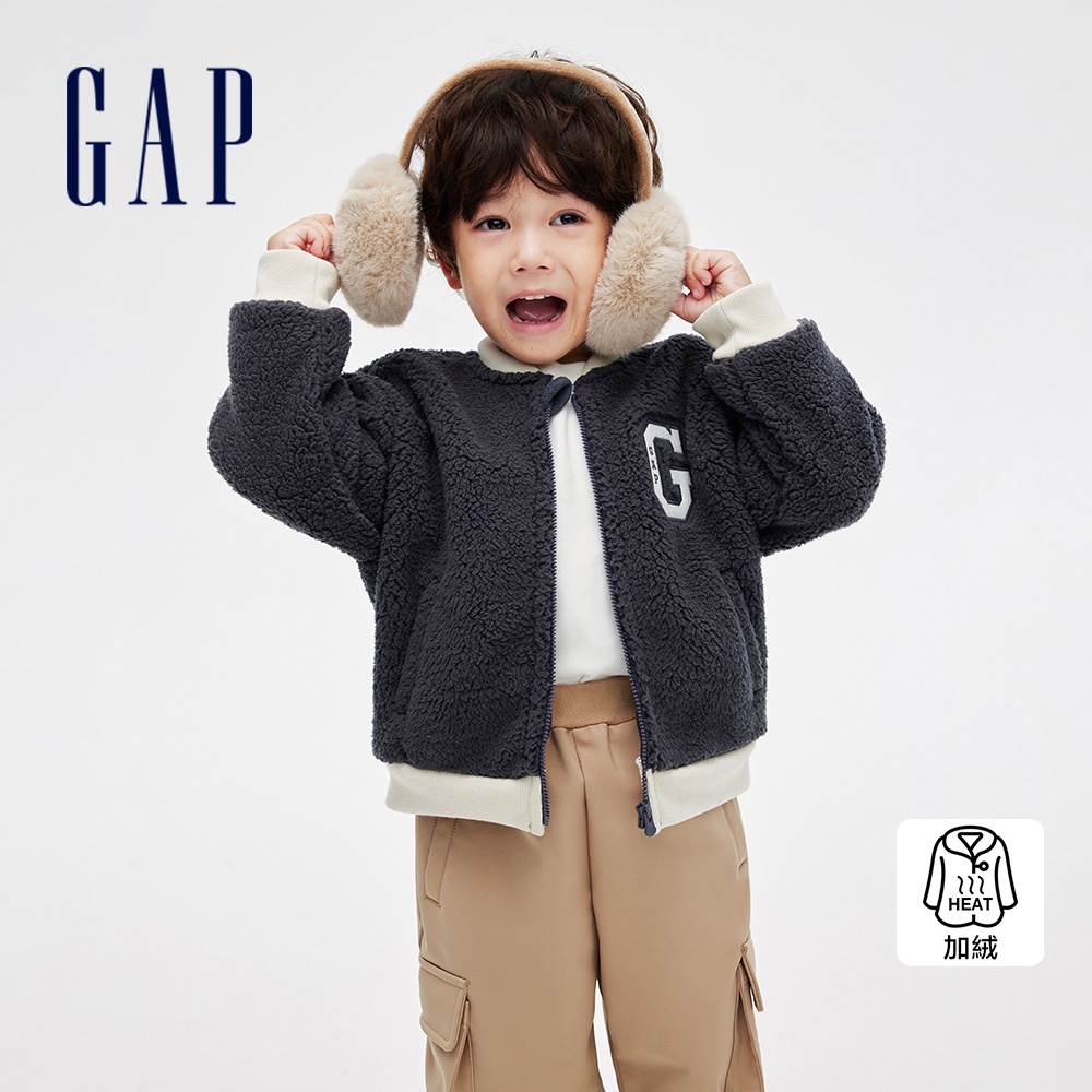 Gap 男幼童裝 Logo仿羊羔絨立領棒球外套-深灰色(837019)