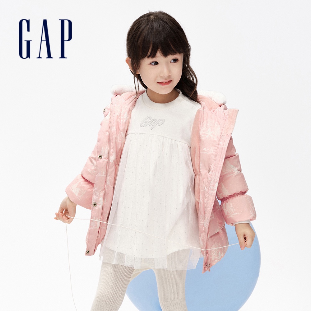 Gap 女幼童裝 印花連帽羽絨外套-淡粉色(837116)