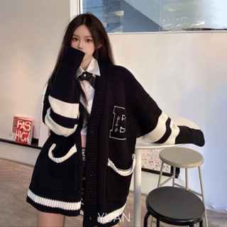 YUAN 鞦鼕學院風甜美字母刺繡V領開衫毛衣女學生韓版寬鬆針織衫外套潮 外套 薄外套