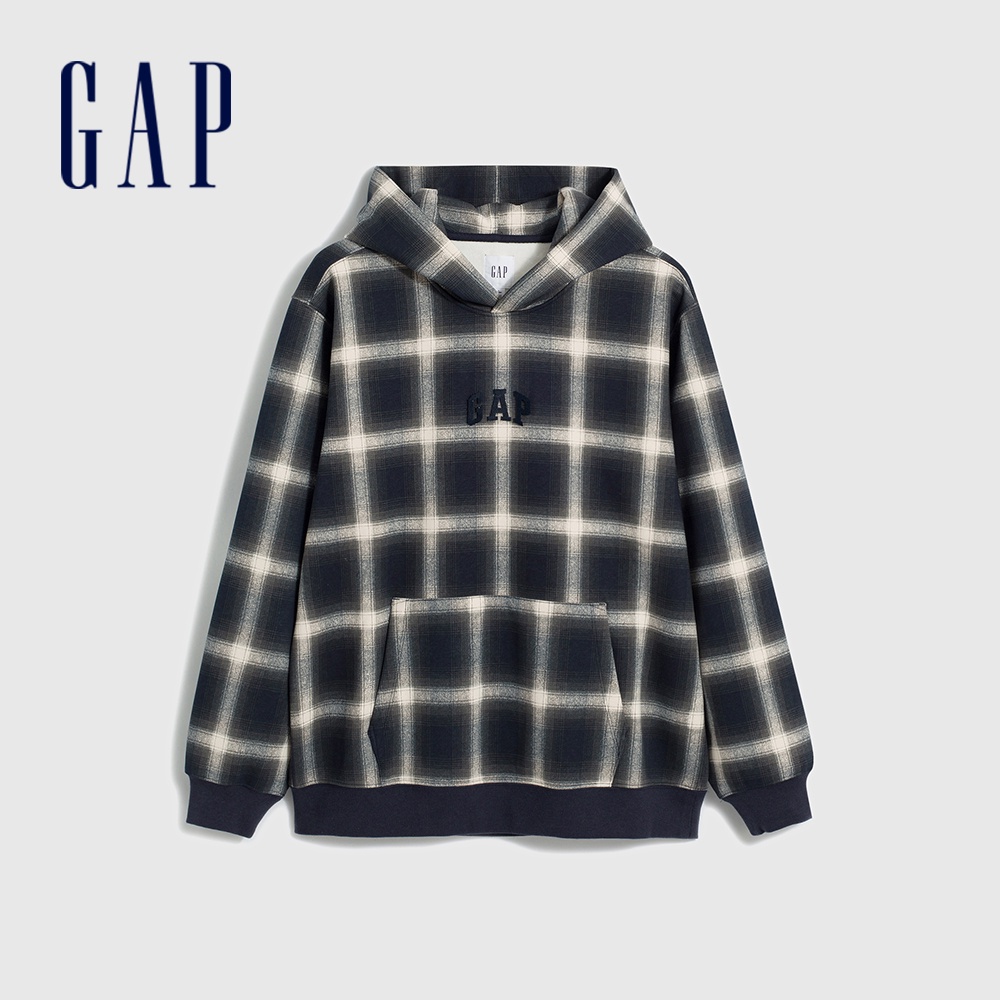 Gap 男女同款 Logo刷毛帽T-黑白方格(841200)