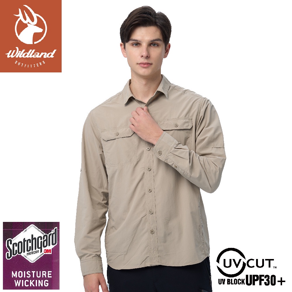 【Wildland 荒野 男 3M透氣快乾抗UV可調節袖襯衫《白卡其》】W1212/戶外休閒雙口袋長袖襯衫
