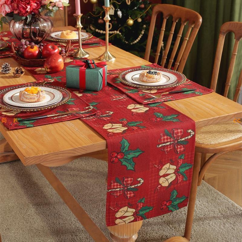 CC 桌旗滌棉跑步者聖誕跑者數碼打印聖誕桌旗床端旗桌子布餐墊桌打印裝飾紅色底部拐杖