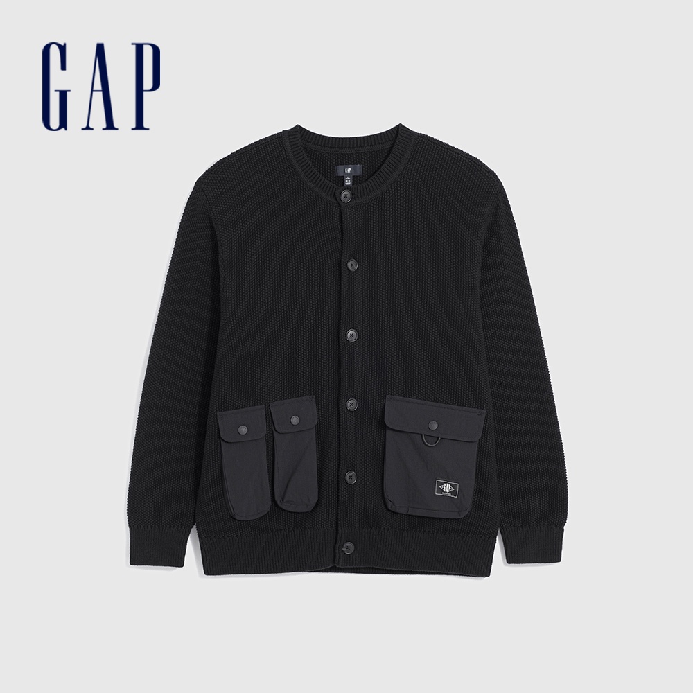 Gap 男裝 Logo純棉圓領針織外套-黑色(842121)