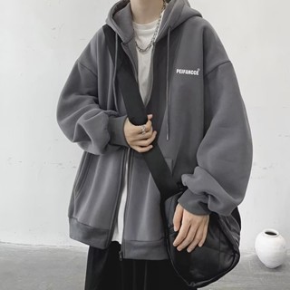 連帽刷毛小字母印花外套 大尺碼 高品質雙層帽長袖加絨開衫拉鏈衛衣 冬季寬鬆美式港風ins拉鏈開衫外套男 HK109