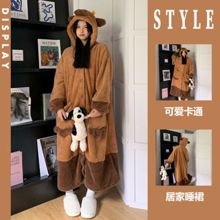 桃園出貨 卡皮巴拉水豚珊瑚絨睡衣女冬款2023新款可愛加絨加厚毛絨睡袍睡裙 情侶睡衣 水豚睡衣