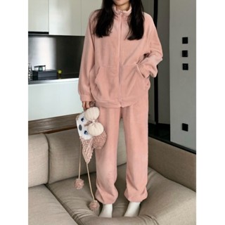 可外穿家居服套裝毛茸茸珊瑚絨睡衣女秋冬季松緊腰睡褲保暖兩件套